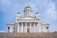 Low Angle View Of Helsinki Cathedral (Finnish - Helsingin Tuomiokirkko, Suurkirkko). The Finnish Evangelical Lutheran Cathedral Of The Diocese Of Helsinki On A Sunny Summer Day. 