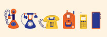 Phone Evolution. Concept Of Phones From Vintage Telephones With Number Pad Dials And Headsets To Modern Smartphones. Vector Set