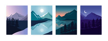 Day Time Landscape Posters. Minimalistic Dawn Afternoon Sunset And Night Placards With Single Mountain Landscape. Vector Set