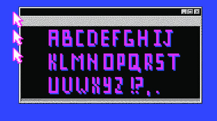 Aufkleber - Pixel alphabet letters and punctuation marks. Retrofuturistic font or typeface for headline in style of 80's retro video game, vintage computer typography.