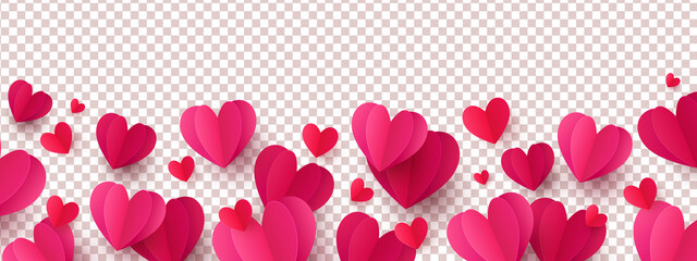 Wall Mural - Romantic love background with long horizontal border made of beautiful falling pink and red colored paper hearts isolated on background. Happy Valentine's Day vector illustration