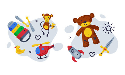 Sticker - Kids Toy with Xylophone, Teddy Bear and Rocket Vector Composition Set