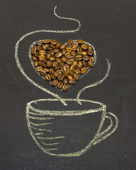 Wall Mural - A cup of coffee drawn in chalk on a blackboard. With grains