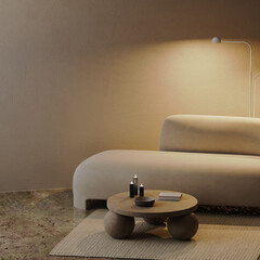 Wall Mural - contemporary living room interior in the evening with lamp light, dark living room mock up, 3d rende