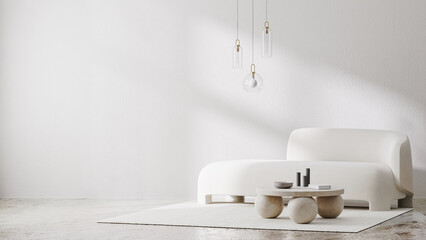 Wall Mural - white room interior mock up with sunlight shadows and white sofa with stone coffee table and pendant