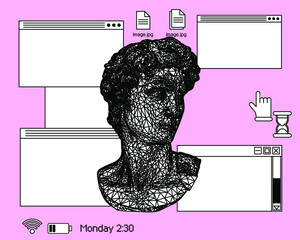 Poster - Retrofuturistic 3D illustration of a low poly bust sculpture. Vaporwave computer art aesthetics.