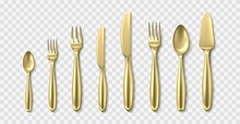 Golden 3d Cutlery. Realistic Spoons, Forks And Knives, Luxury Cutlery, Yellow Metal Top View Tableware, Serving Table Dining Utensils, Restaurant And Cafe Serving Elements Vector Isolated Set