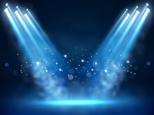 Illuminated Stage And Blue Smoke. Night Lightning In Fog. Searchlight Beams. Presentation 3D Platform With Mist And Spotlight Ray. Glowing Particles. Scene Illumination. Vector Background