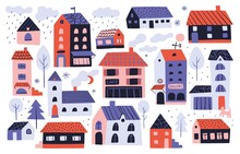 Small Houses. Cute Cottages. Different Little Cabins. Village Buildings. Trendy Design Colored Facade. Doodle Real Estate. Tiny Childish Homes And Trees. Vector Residential Properties Set