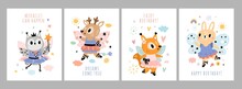 Cute Fairy Cards. Little Animals Girls With Delicate Wings And Magic Wands. Forest Princesses. Ballerina Owl And Bunny. Cartoon Dancing Fawn And Squirrel. Vector Birthday Postcards Set