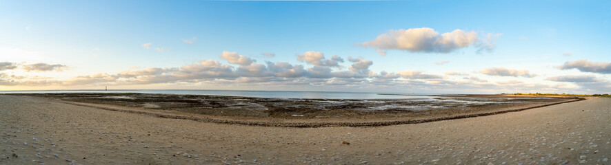 Wall Mural - Panoramic view of Re island beaches at sunrise with a very calm sea. beautiful minimalist seascape