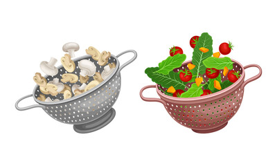 Wall Mural - Vegetables in kitchen colander set. Strainers full of fresh tomato, lettuce and champignon mushrooms. Healthy organic food vector illustration