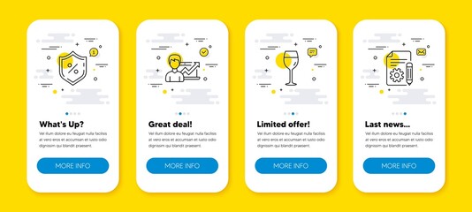 Poster - Vector set of Wine glass, Success business and Loan percent line icons set. UI phone app screens with line icons. Documentation icon. Bordeaux glass, Growth chart, Protection shield. Project. Vector