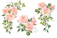 Set Of Watercolor Rose Flower Bouquet. Blush Floral Illustration For Stationery, Wedding Invitation, Greeting Card, Blog Decoration.