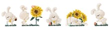 Colourful Illustration Of Cute Easter Bunny. Textured Rabbit With Sunflowers During Egg Hunting. Happy Easter In Pastel Colour. Decorative Element In Cartoon Style. Isolated On White Background