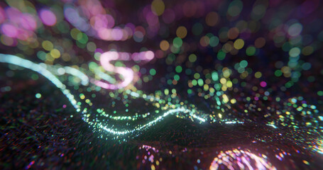 Poster - Abstract background with dots, depth of field and bokeh. Neon futuristic backdrop. particle background. Flow wave with dot landscape. Digital data structure. Future mesh, Pattern point, tech