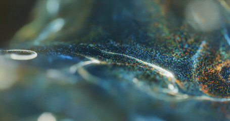 Aufkleber - Green and Blue background with glowing dots bokeh style.  Shiny neon waves and glowing bokeh particles abstract wallpaper. Great for technology, science theme. 

