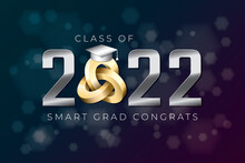 Class Of 2022 Silver Metallic Numerals Logo With Triple Mobius Loop Impossible Figure And Smart Grads Congrats Lettering - Chrome On Luminous Hexagons Background - Gradient Graphic Design