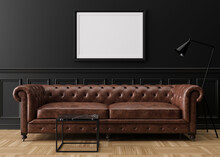 Empty Picture Frame On Black Wall In Modern Living Room. Mock Up Interior In Classic Style. Free Space, Copy Space For Your Picture. Brown Leather Sofa. 3D Rendering.