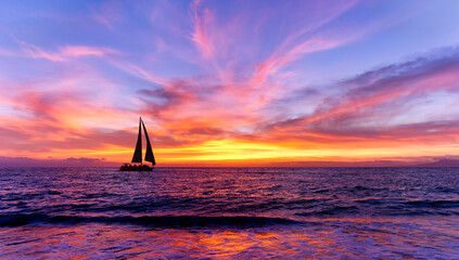 Wall Mural - Sunset Sailboat Inspirational Nature Sailing Beautiful Ocean Sail Boat Sunrise