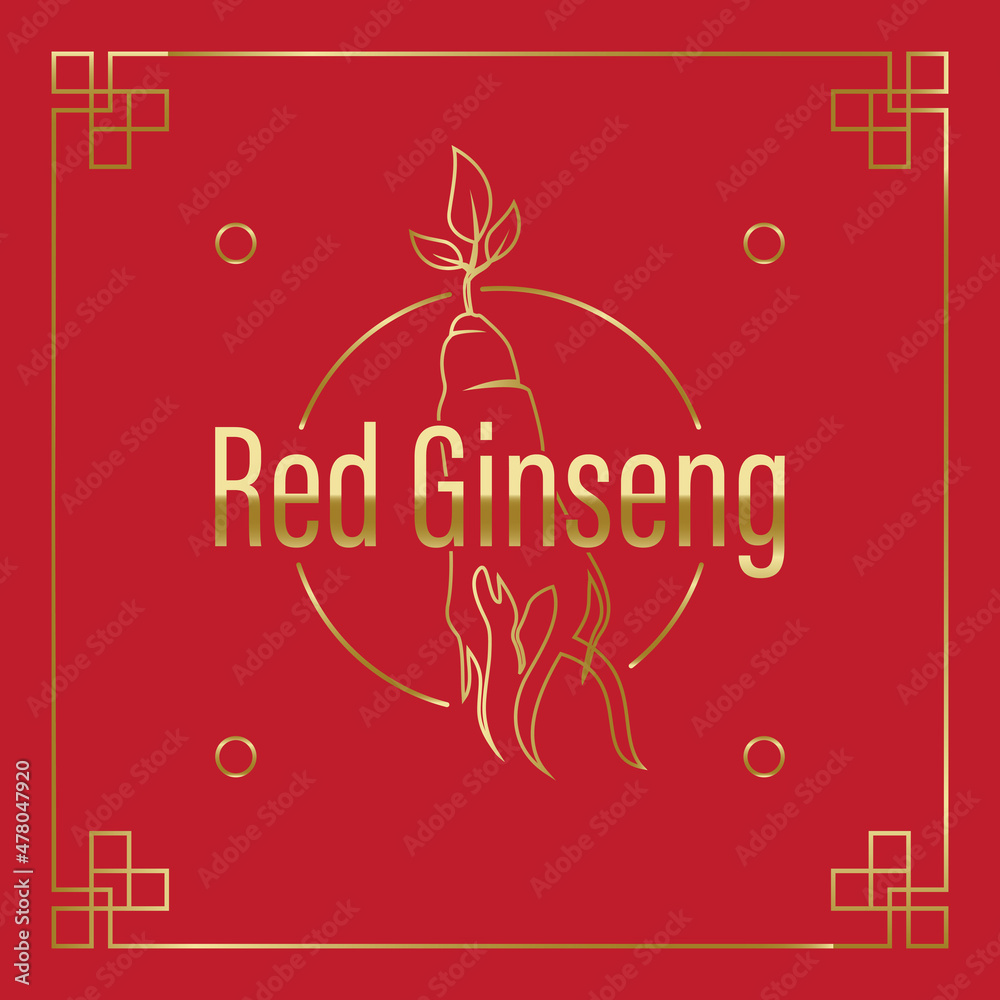 Korean or Chinese red ginseng root, Text label in Korean cultivated ...