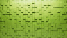 3D Tiles Arranged To Create A Futuristic Wall. Semigloss, Green Background Formed From Square Blocks. 3D Render