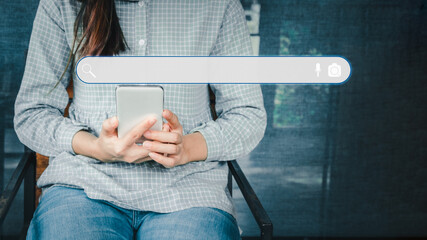 Aufkleber - Adult woman using smartphone in the cafe for searching browsing internet data information. Business concept for Using search with your website.