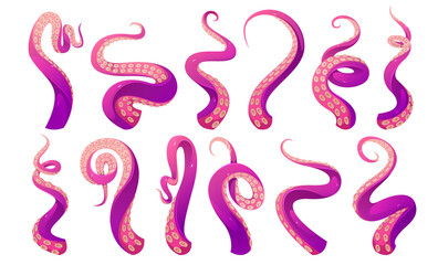 Wall Mural - Tentacles of octopus, squid or kraken. Vector cartoon set of scary sea monster arms, purple and pink giant octopus tentacles with suckers. Cthulhu hands and legs isolated on white background