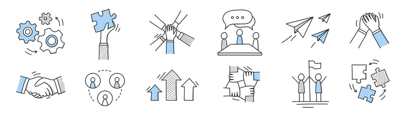 Poster - set of doodle icons, outline business signs cogwheels, hand with puzzle piece, joined palms, negotia