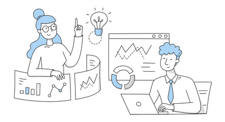 Poster - people work in office. concept of business idea, teamwork and brainstorm. vector doodle illustration