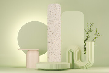 Minimal scene with wooden product display podium with nature leaves. Pastel green and white colors scene. Trendy 3d render for social media banners, promotion, cosmetic. Geometric shapes interior.	
