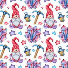 Watercolor Painting Pattern Gnome, Pickaxe, Lamp, Crystal, Bunch Of Keys. Seamless Repeating Print Of Gems And Metals Mining Tools. Isolated Over White Background. Drawn By Hand.
