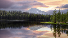 Scenic Teapot Lake Landscape In Wasatch National Forest During Evening Time , Coniferous Trees By The Lake Shore With Perfect Reflections.