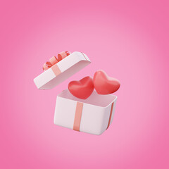 Poster - 3d rendering of gift box with hearts on pink background. Minimal concept.