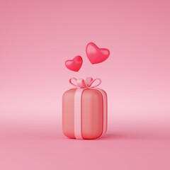 Poster - 3d rendering of gift box with hearts on pink background. Minimal concept.