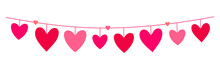 Cute Heart Border. Beautiful Hearts Hanging On A String. Banner In Flat Style For Valentine's Day, Birthday, Holidays. Colorful Love Garland With Hearts. Isolated On A White Background. Vector.