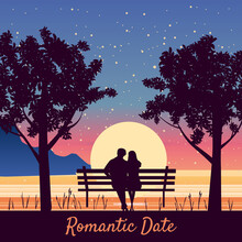 Romantic Date Couple Lovers On Bench In Park, Under Trees. Sunset, Night, Stars. Vector Happy Valentines Day Illustration, Silhouette