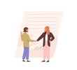 Business partners handshake and signed contract. Agreement conclusion concept. Businesswomen making deal, shaking hands after document approval. Flat vector illustration isolated on white background