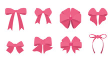 Bow For Hair Decor Flat Vector Illustrations Set. Red, Pink, Yellow Ribbons Isolated On White Background. Polka Dot Bowknot, Trendy Girls Accessories. Cute Vintage Hairstyle Elements Collection
