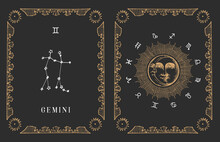 Gemini Zodiac Constellation, Old Card In Vector.