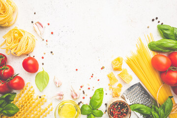 Sticker - Pasta background. Several types of dry pasta with vegetables and herbs on white background. Free space for text. Top view