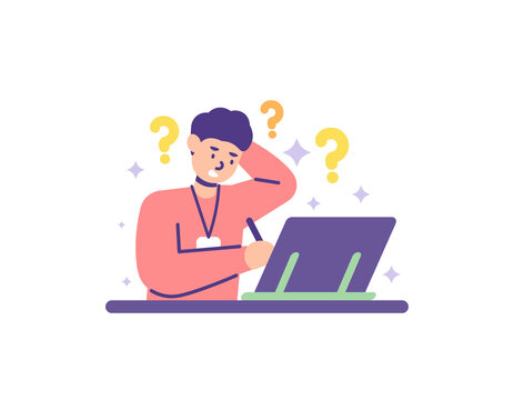 graphic designer, freelancer, creative worker, content creator. illustration of a staff member who is confused by a client's request to draw on a drawing tablet. work and profession. flat cartoon