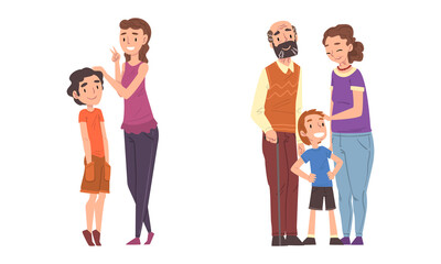 Sticker - Happy Woman with Kid and Grandparents with Grandson Standing Together Vector Set