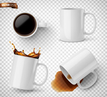 Vector Realistic Illustration Of White Ceramic Coffee Mugs On A Transparent Background.
