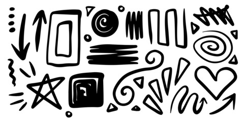 Wall Mural - A collection of black doodle lines and abstract random icons on an isolated background.