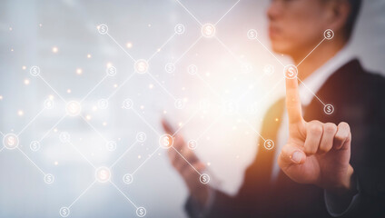 Poster - Businessman touchscreen money icon on the graph Screen Icon of a media screen, Technology Process System Business with Communication and marketing concept, Team success, HR Human, Business success