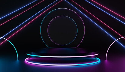 Wall Mural - black podium with glowing neon ring. modern 3d rendering for product display presentation