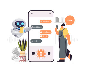 Poster - woman with chatbot robot recording or listening voice messages on smartphone screen audio record sen