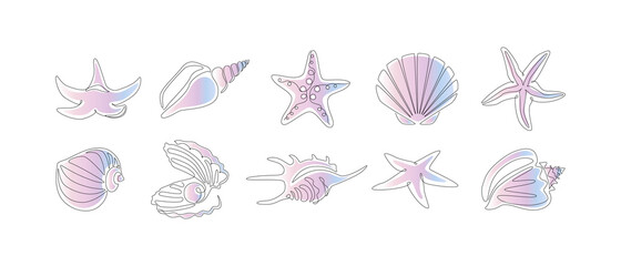 Poster - Set of seashells and starfishes. Continuous one line drawing of oyster mollusk with pearl and snail shells in linear style with gradient color. Minimalist outline icon. Doodle Vector illustration