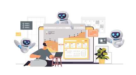 Poster - businesswoman with robots monitoring financial statistics data on laptop screen artificial intellige